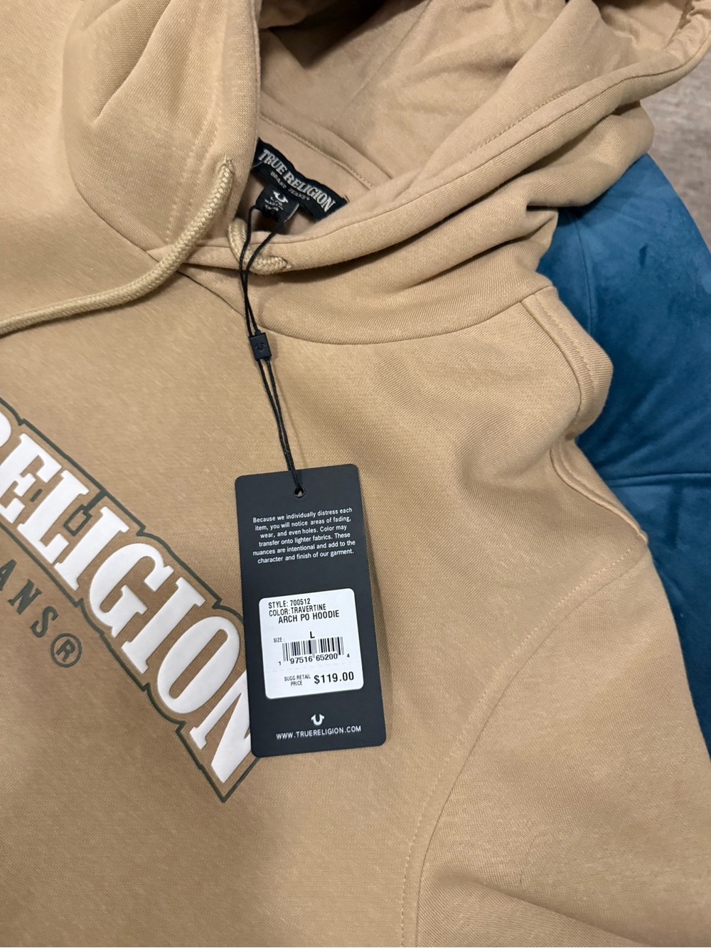 True Religion Men’s Tan Crewneck Hoodie with White Logo